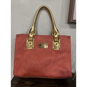 Bebe Woven Textured Tote Handbag Orange/ Gold Shoulder Beach Cruise Spring
